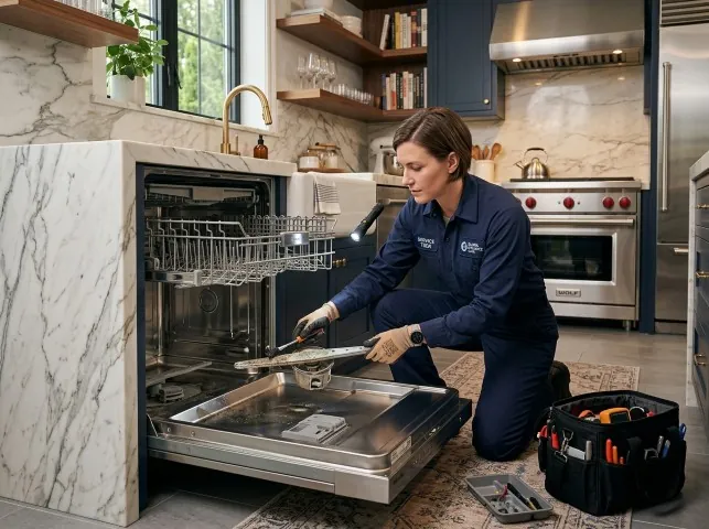 Appliance Repair Hero technician servicing a built-in dishwasher in a Brookline, NH kitchen
