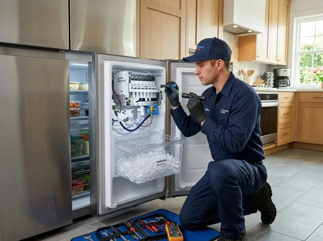 Appliance Repair Hero technician repairing a refrigerator ice maker in Brookline, NH