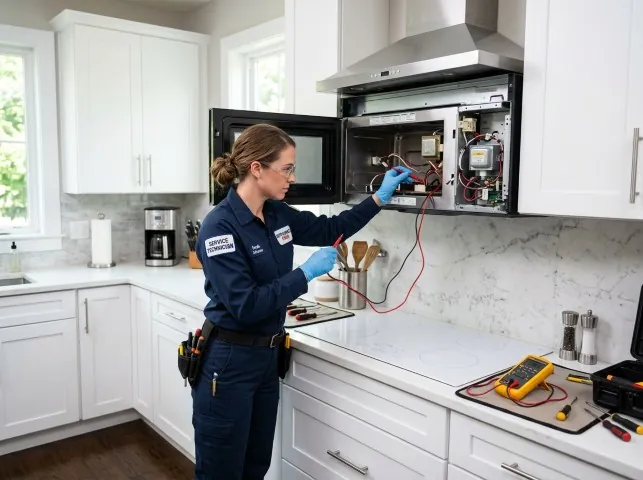 Appliance Repair Hero technician testing an over-the-range microwave in a Brookline, NH kitchen