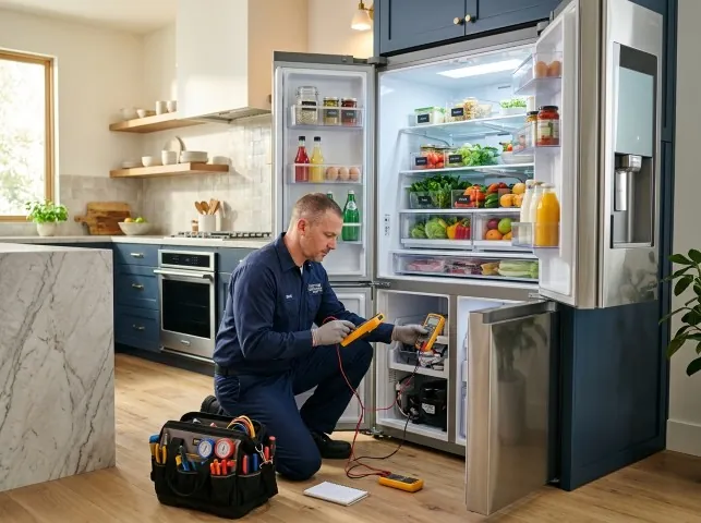Appliance Repair Hero refrigerator technician testing a fridge on a Brookline, NH service call
